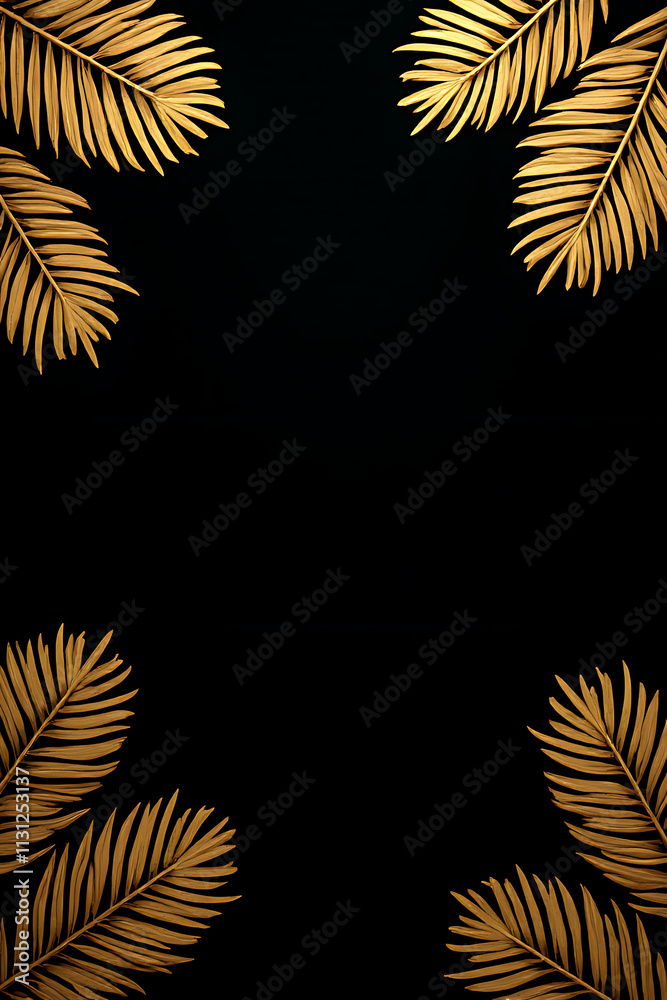Poster tropical leaves in gold colors arranged on a black space background create a unique abstract leaf de