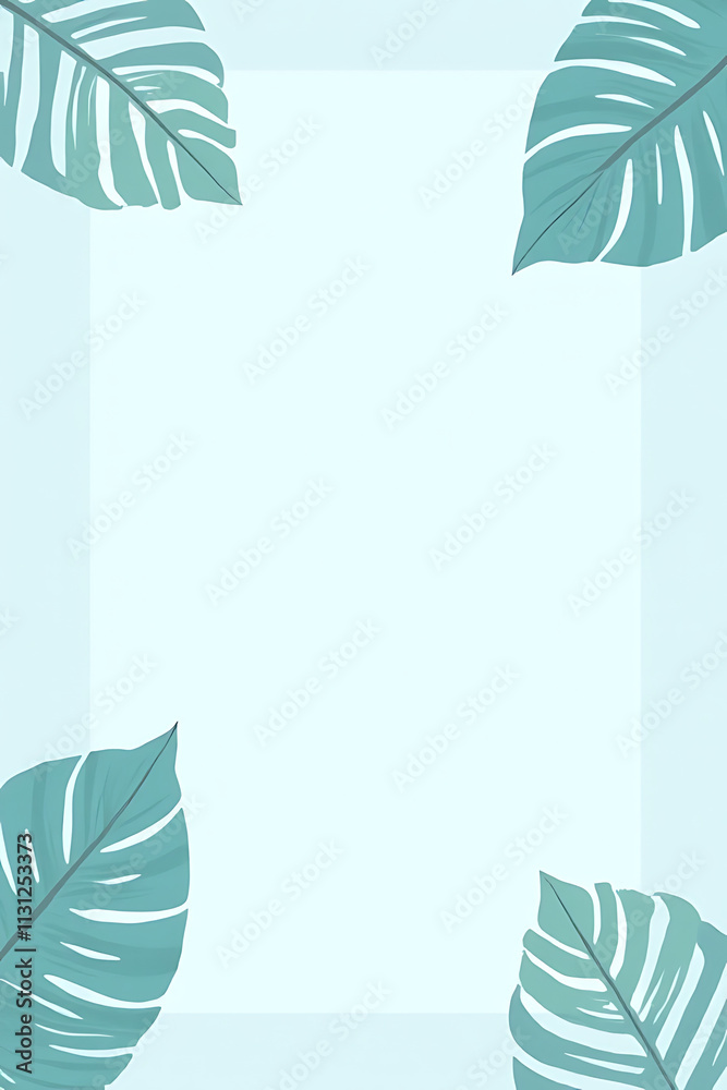 Poster tropical leaf banners in a light blue pastel color create a simple and creative design with leaf col