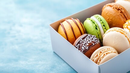 A box of assorted macarons on a blue background