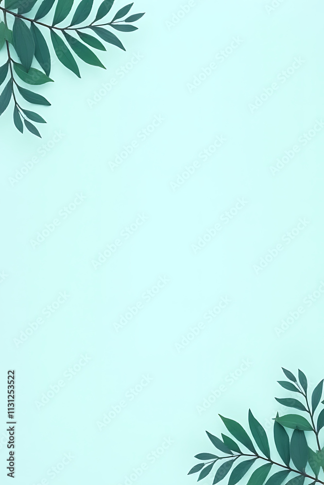 Poster tropical leaf banners in a light blue pastel color create a simple and creative design with leaf col