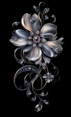elegant flower with swirls and jewels, isolated on a black background
