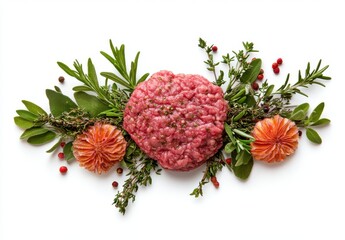 Fototapeta premium Fresh Ground Meat Surrounded by Aromatic Herbs and Spices, Perfect for Culinary Dishes and Recipe Ideas in a Minimalist Style