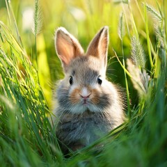 A fluffy baby rabbit peeking out from tall grass in a meadow
