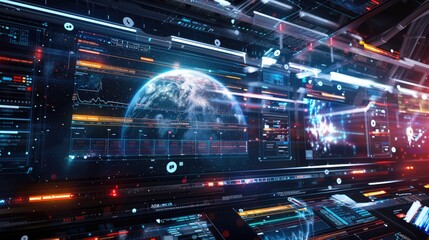 A high-tech interface with transparent screens and holographic data projections, set against a deep space backdrop