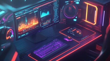 A vibrant gaming setup featuring a monitor, keyboard, mouse, and illuminated accents.