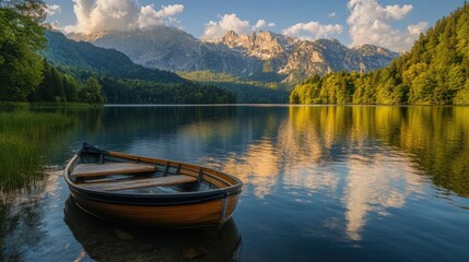 Fototapeta premium Serene lake, wooden rowboat, mountain reflection.
