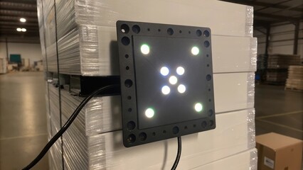 A closeup of an IoT device attached to a pallet blinking with lights as it collects data about the items stacked on it.