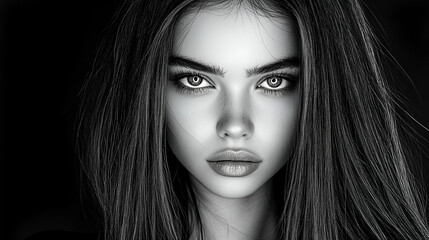 Fototapeta premium A striking black-and-white portrait of a young woman with long hair, intense eyes, and a captivating expression.