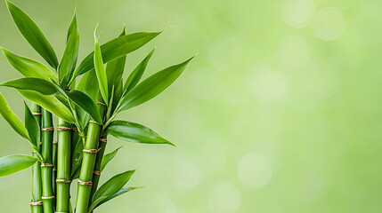 Fototapeta premium Lush green bamboo stalks with vibrant leaves set against a soft, blurred green background, creating a serene and natural atmosphere.
