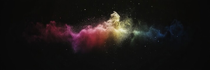 rainbow dust powder particles explosion, on black background for overlay