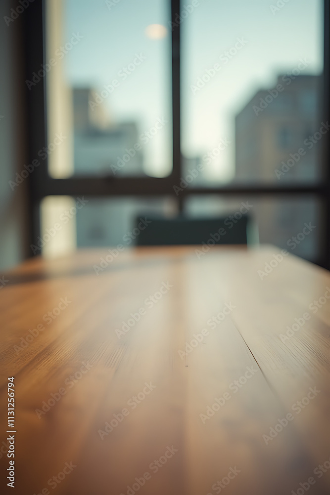 Poster The selective focus is on the top of a wooden table with blurred window glass in the background._00002_