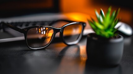 A pair of glasses sitting on top of a desk next to a plant