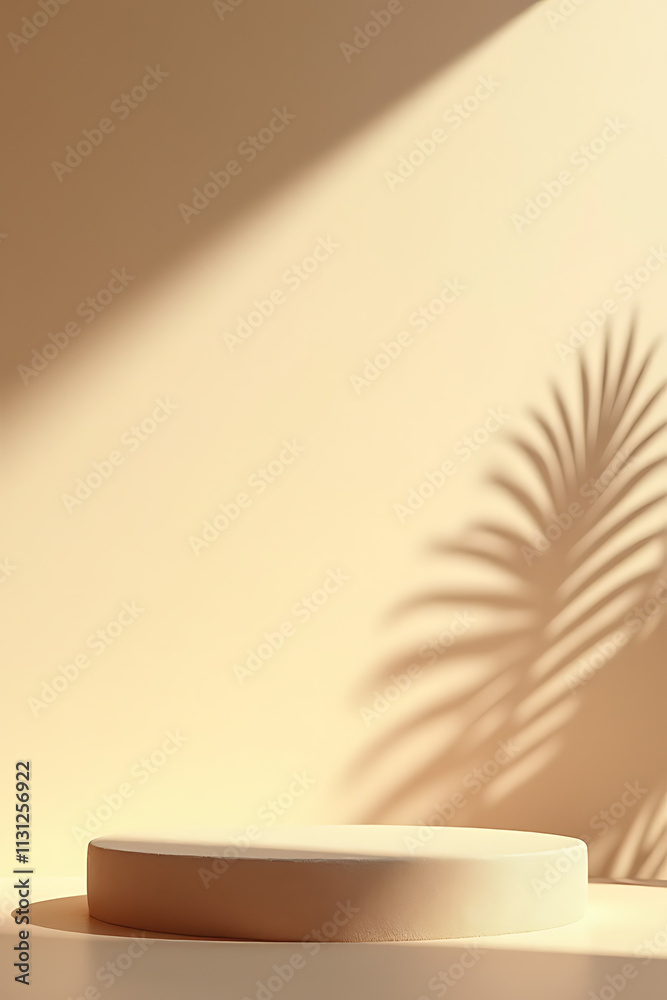 Poster the sandstone topped display platform features a tropical design with a shadow of a palm leaf on a b