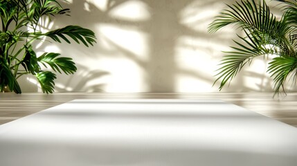 Obraz premium A white carpeted floor in front of a white wall with green plants