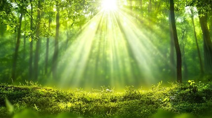 Obraz premium blurry green nature forest landscape background with sunlight flare, blurred bokeh natural backdrop.