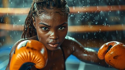Female athlete in the middle of a boxing match