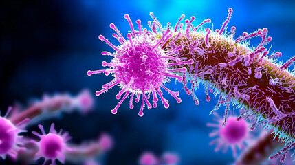 A close-up image of a vibrant, microscopic structure resembling a virus, displaying intricate details and colorful features against a blue background.