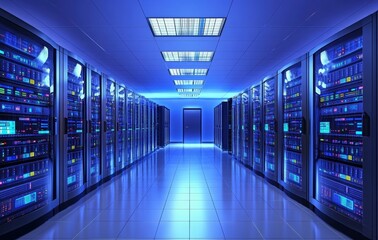 Fototapeta premium Data center server room with rows of network servers and blue lighting.