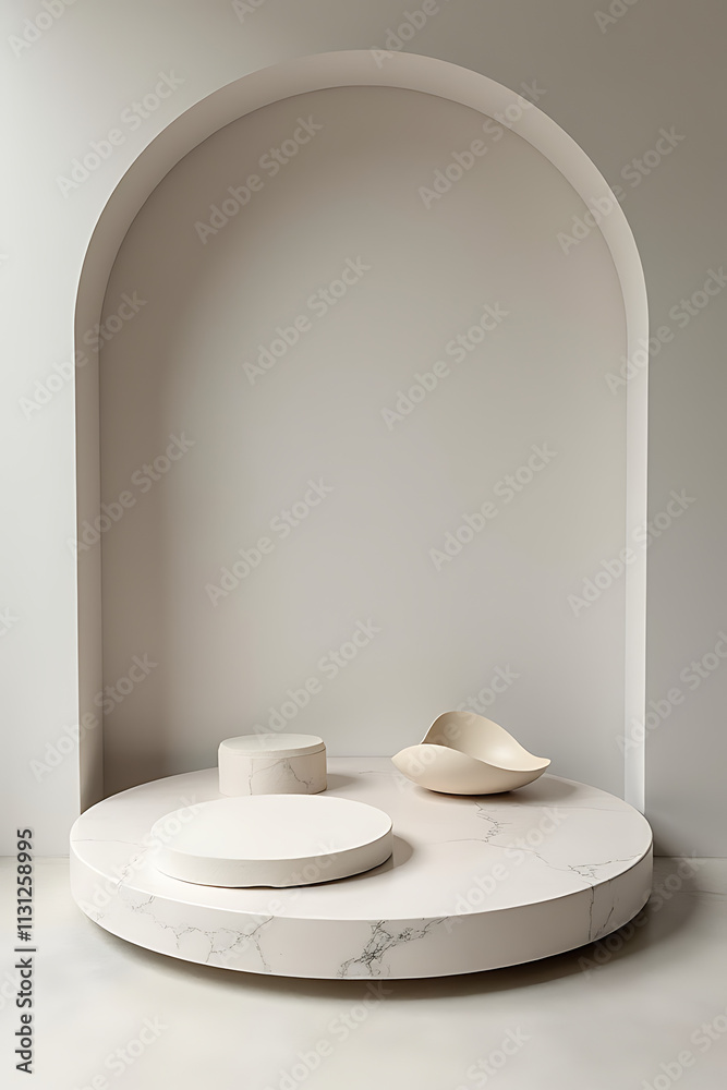 Aufkleber the minimalist design features a top circular platform showcasing a selective focus on a marble ston