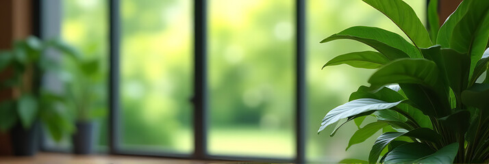 Naklejka premium The large glass window is blurred by an abstract image of a lush green garden as its background._00004_