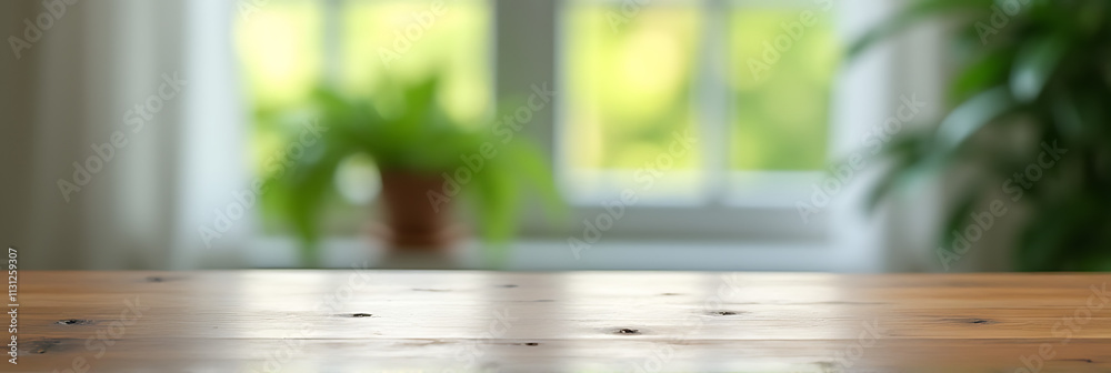 Poster The empty wooden tabletop is reflected in a blurred window, with a vibrant green plant visible through the curtains._00004_