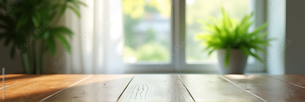 Poster The empty wooden tabletop is reflected in a blurred window, with a vibrant green plant visible through the curtains._00002_