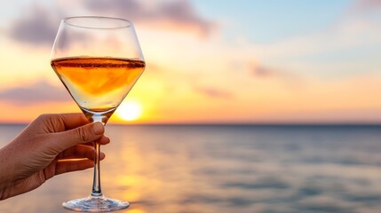 Obraz premium A person holding a glass of wine in front of the ocean