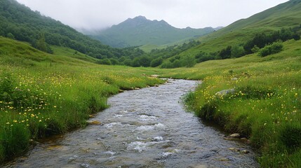 Tranquil river flowing through a lush green valley