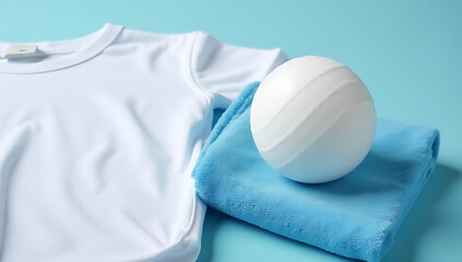 The dryer ball is paired with a white undershirt and blue colored washing and cleaning cloth concepts in mind._00004_