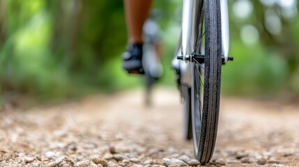 Naklejka premium A close up of a person riding a bike on a dirt road