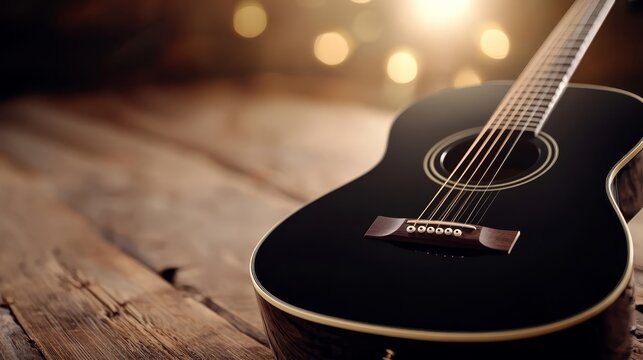 A black acoustic guitar sitting on top of a wooden table