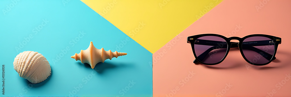 Poster Sunglasses and a seashell sit together on a colorful background creating a visually appealing scene with contrasting textures._00002_