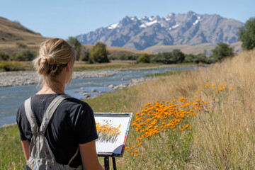 Fototapeta premium A woman is painting a picture of a river with mountains in the background