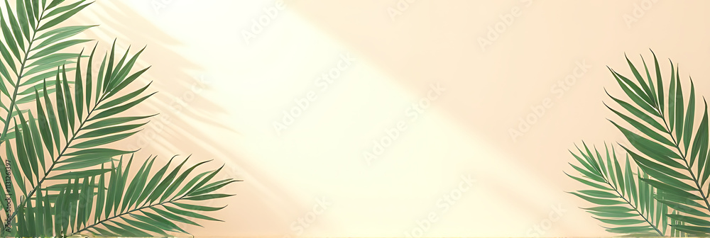 Poster soft pastel hues feature a lush tropical palm leaf pattern on a serene natural background, evoking c