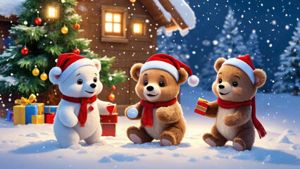 Cute little bear toy cubs are playing in snow near Christmas tree. There is fluffy snow all around, snowflakes falling. Atmosphere of winter magic. Happy New Year, Merry Christmas vintage postcard.