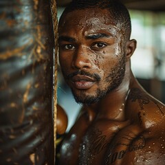 Boxer training with punching bag