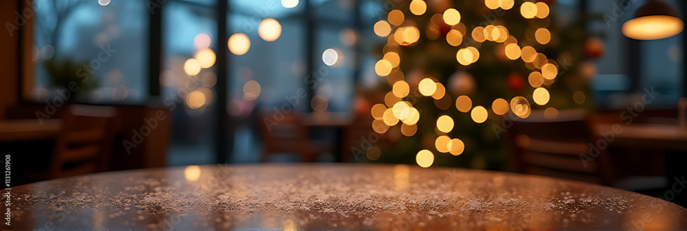 Poster snowflakes gently fall onto an empty wooden table at a quiet cafe near a christmas tree lit up for w