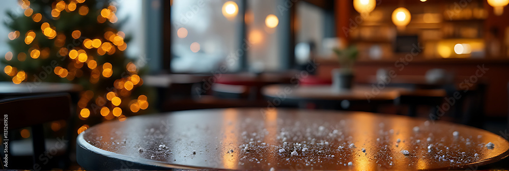Poster snowflakes gently fall onto an empty wooden table at a quiet cafe near a christmas tree lit up for w