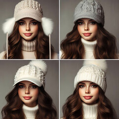 different models of winter hats on women's heads. Four models