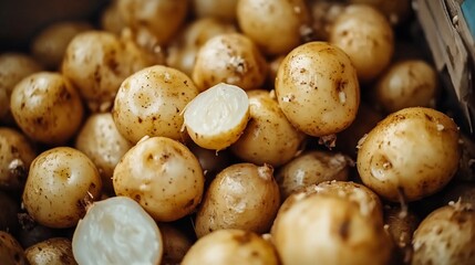 Fototapeta premium Close-up of fresh, small, yellow potatoes in a wooden crate, some cut in half revealing creamy flesh.
