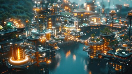 Fototapeta premium Futuristic cityscape with illuminated buildings and waterways at night.