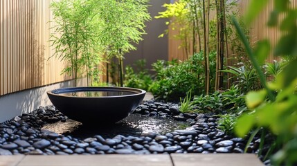 Serene zen garden with black bowl water feature, surrounded by lush greenery and smooth dark stones.
