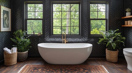 Fototapeta premium Modern bathroom interior with a free-standing tub urban view window dark herringbone tile wall