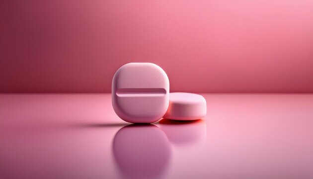Two soft pink pills on a reflective pink surface with a gradient pink background