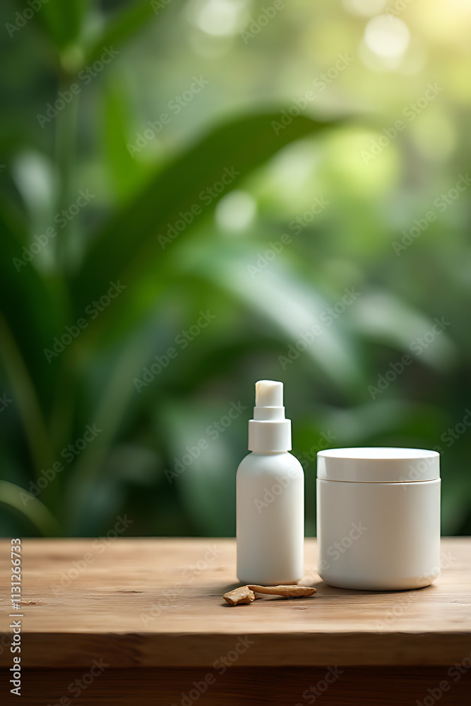 Poster product display features a wooden table and counter on a blurred tropical leaf background in a natur