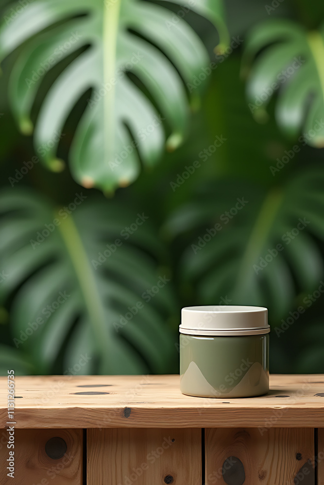 Poster product display features a wooden table and counter on a blurred tropical leaf background in a natur