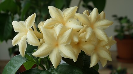 Obraz premium A bunch of white flowers with green leaves