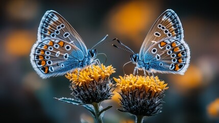 Obraz premium A couple of blue butterflies sitting on top of a yellow flower