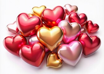 Fototapeta premium A vibrant collection of glossy 3D hearts in red, pink, and gold, perfect for Valentine's Day. Features ample copy space to celebrate love and affection.
