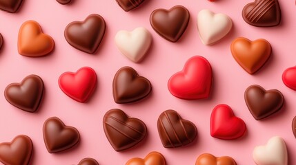 Obraz premium Delightful heart shaped chocolates in various colors and textures on pink background